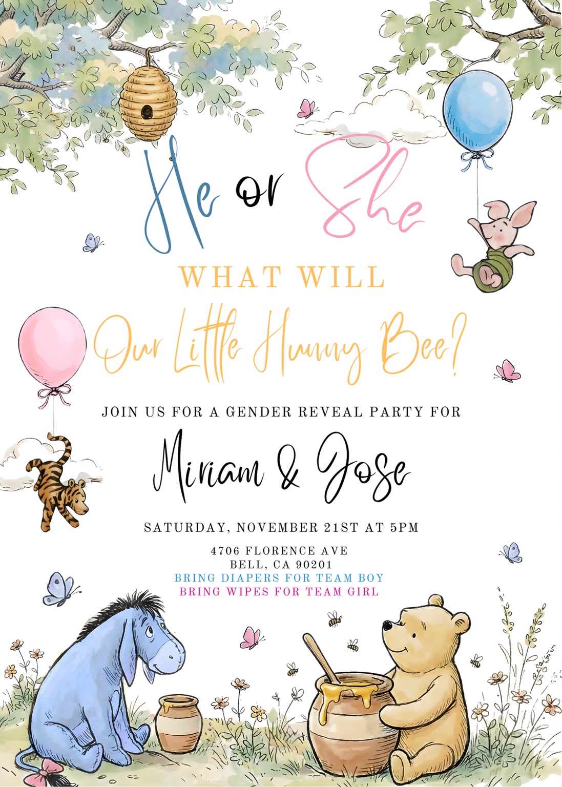 Miriam and Jose's gender reveal invitation. Saturday, November 21 at 5 PM, 4706 Florence Avenue, Bell, CA 90201. Bring diapers for team boy or wipes for team girl.
